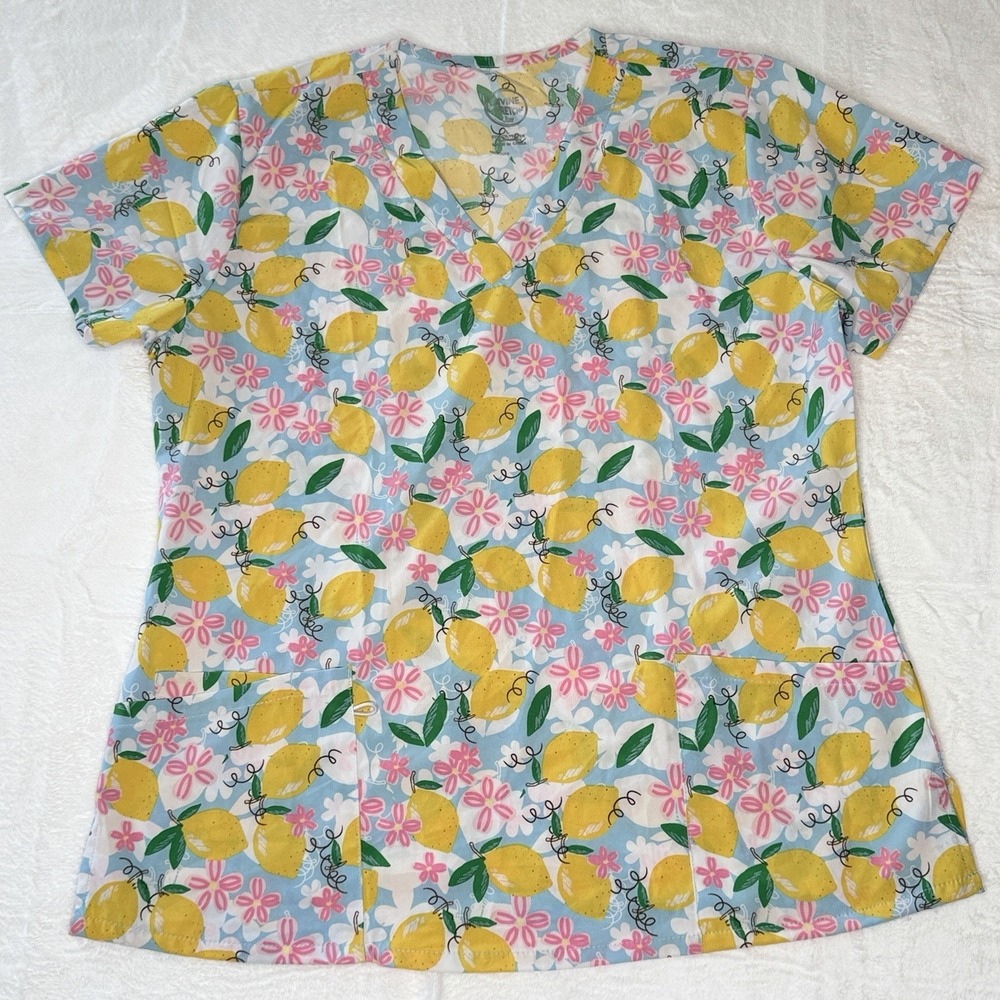 Divine Stretch Women Scrub Top L Lemon Floral Citrus Print V Neck Nurse Colorful